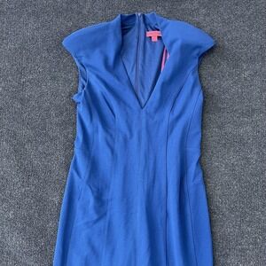 Betsey Johnson Dress Womens 8 Blue Fitted V Neck Sheath Cap Sleeve Retro Chic